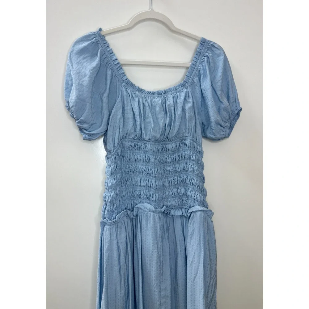 LE LIS Light Blue Smocked Puff Sleeve Midi Dress M Milkmaid Cottagecore Coquette - Picture 10 of 16